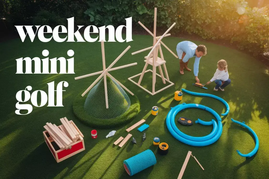 Aerial View Backyard Diy Mini Golf Obstacles Under Construction Sunny Morning Family Project