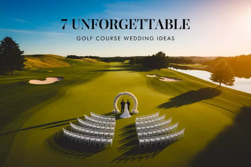 Aerial View Golden Hour Wedding Ceremony On Manicured Golf Course Fairway With Floral Arch