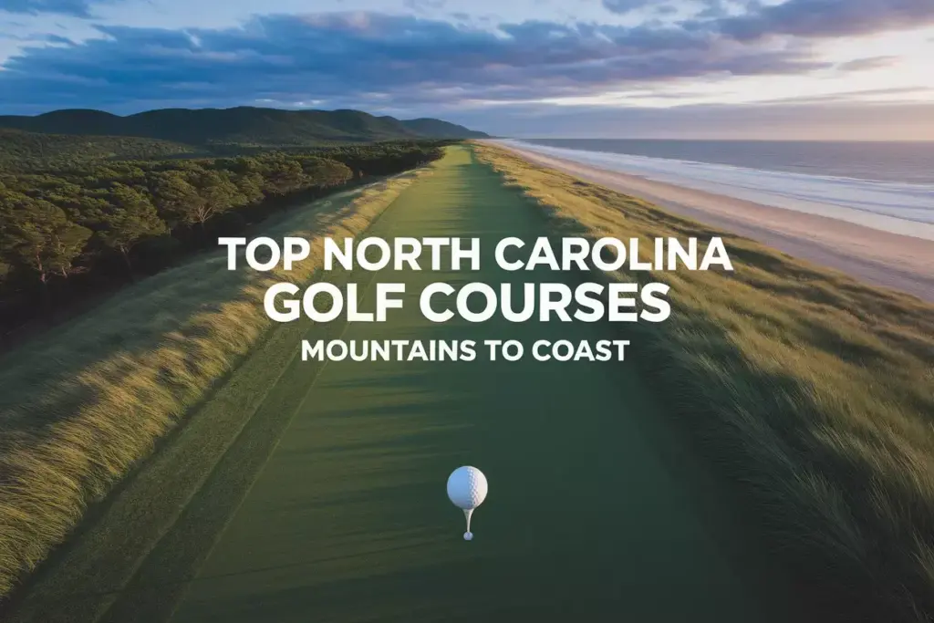 Aerial view golf ball on fairway transitioning from mountains to ocean coast