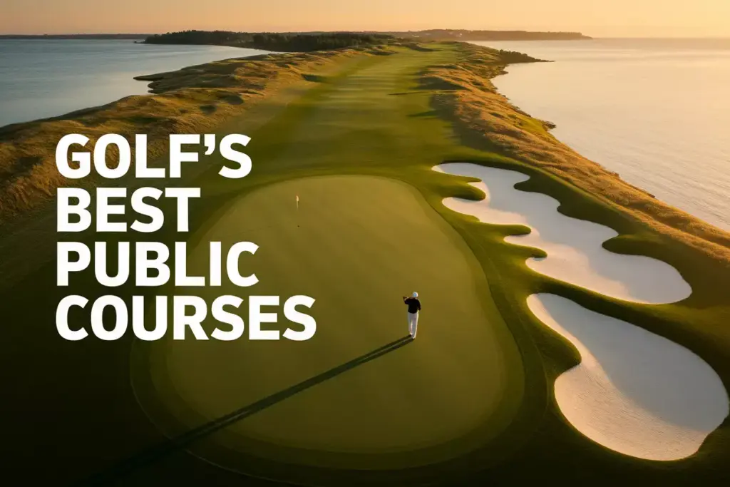 Aerial View Of Manicured Coastal Golf Course At Sunrise With Shadow