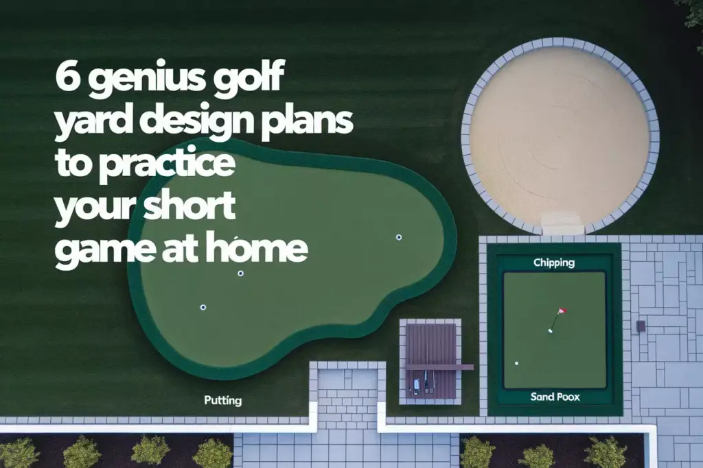 Aerial View Of Modern Backyard With Labeled Golf Practice Zones Putting Green Chipping Area And Sand Trap
