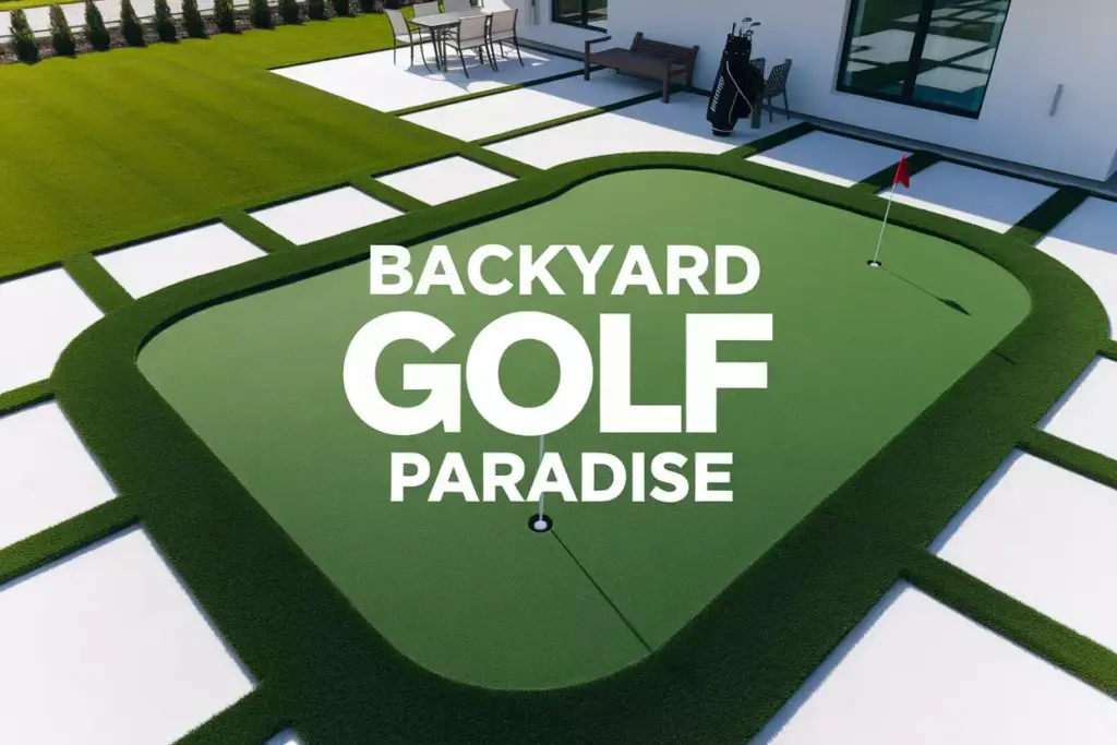 Aerial View Of Suburban Backyard With Manicured Artificial Turf Putting Green And Sand Bunker