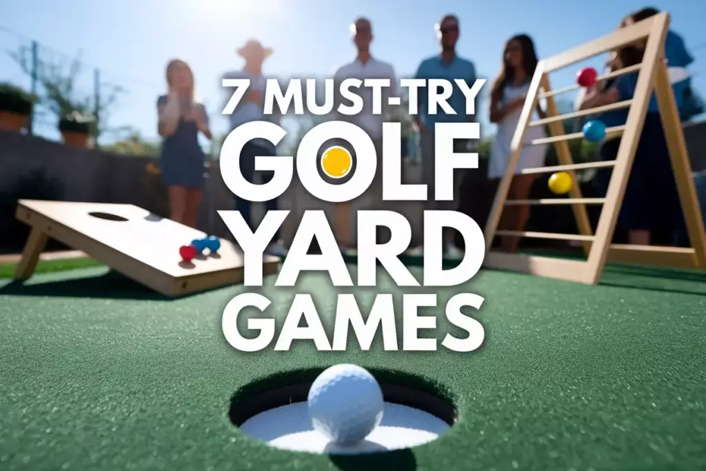 Aerial View Sunny Backyard Multiple Golf Yard Games Setup For Party Fun