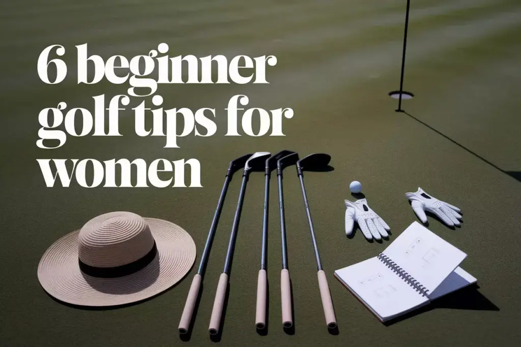 Aerial View Womens Golf Clubs Putter Glove Hat Notebook On Putting Green Beginner Starter Kit