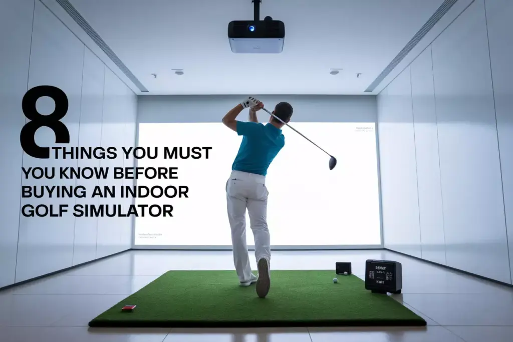 Aspirational Golfer Mid Swing In Modern Home Simulator Room With High Tech Gear