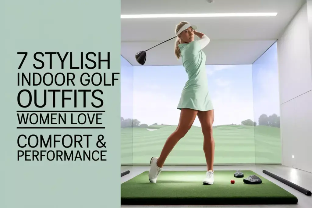 Athletic Woman Mid Swing In Technical Golf Dress Inside Upscale Indoor Simulator Bay