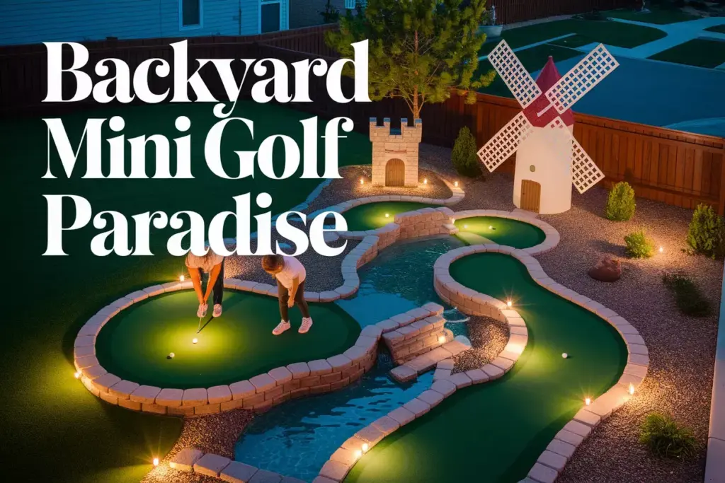 Backyard Miniature Golf Course Aerial View At Dusk With Windmill Castle Water Feature Family Playing