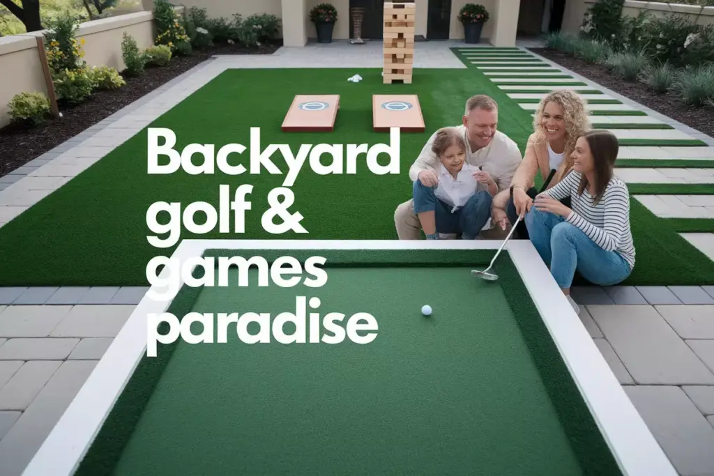 Backyard Multi Activity Zone With Putting Green Cornhole And Giant Jenga For Family Fun