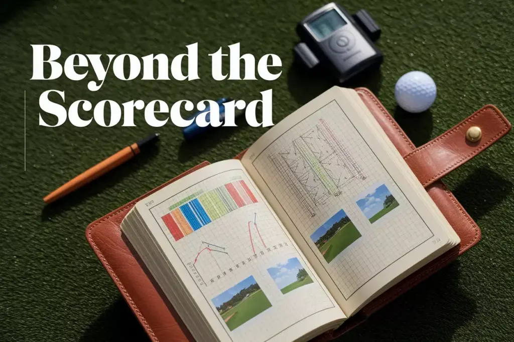 Beyond The Scorecard Strategic Yardage Book Open On Green With Charts And Rangefinder