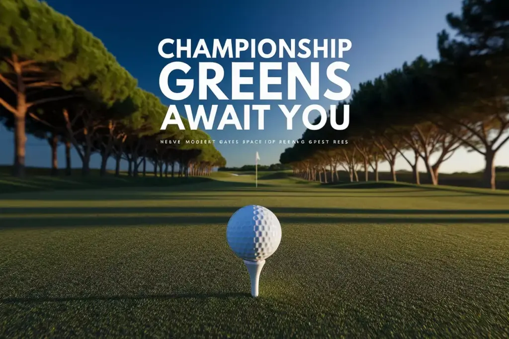 Championship Golf Course Tee Box View Toward Distant Green Under Golden Hour Light
