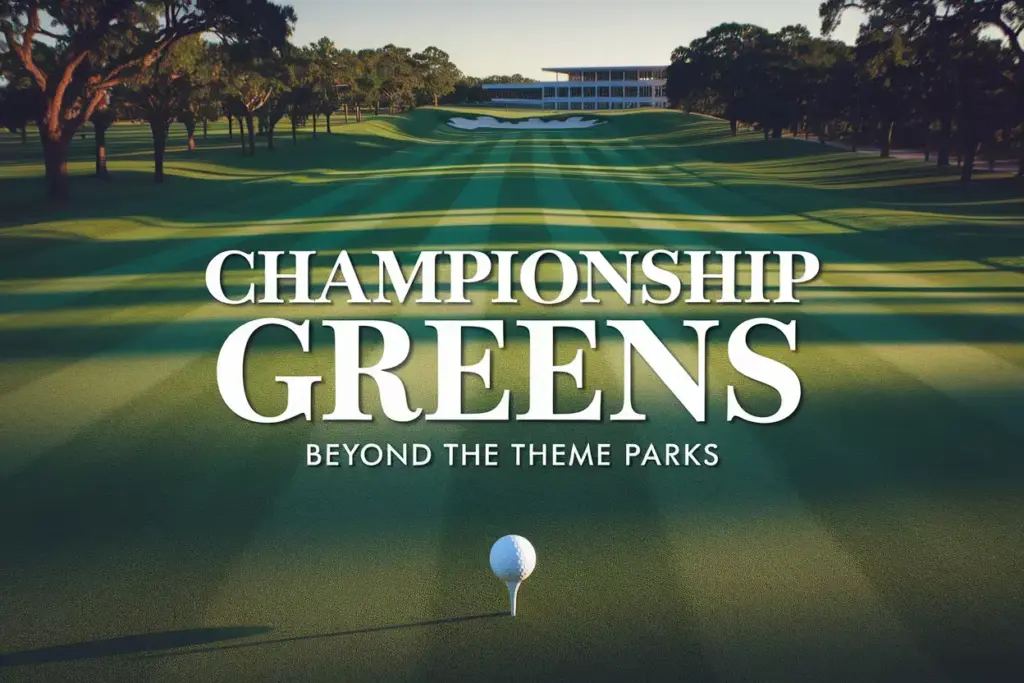 Championship Golf Fairway Leading To Distant Green Under Blue Sky