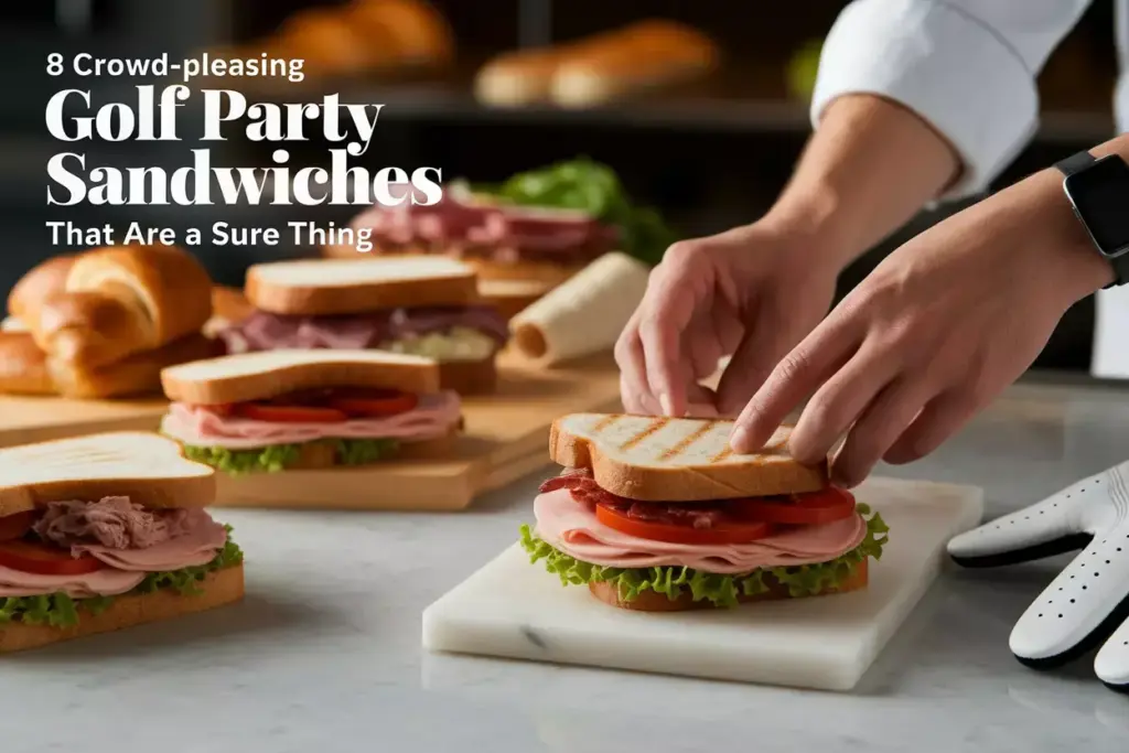 Chefs Hands Assembling Club Sandwich With Other Golf Party Ingredients In Background