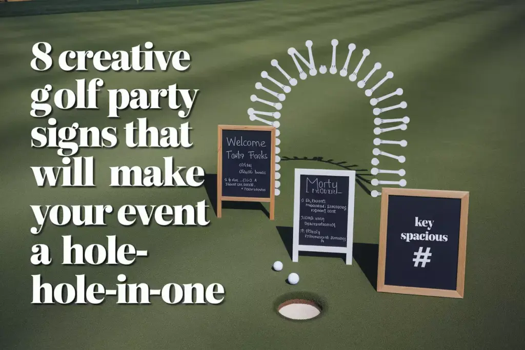 Collection Of Professional Golf Party Signage On Manicured Green Showcasing Welcome Directional Menu And Social Media Elements