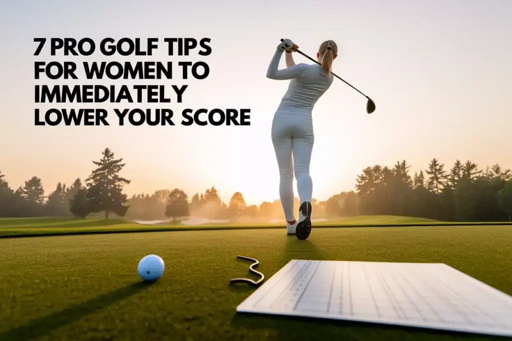 Confident Female Golfer Follow Through Sunrise Course With Scorecard And 7 Graphic