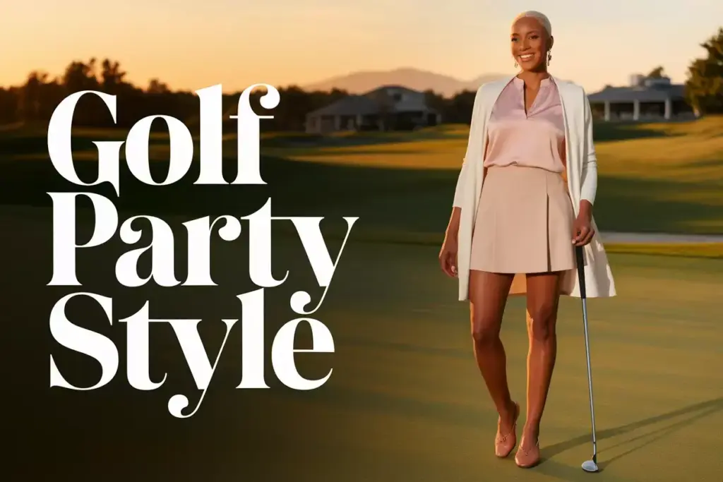 Confident Woman Golden Hour Golf Course Wearing Sophisticated Skort Ensemble With Cardigan