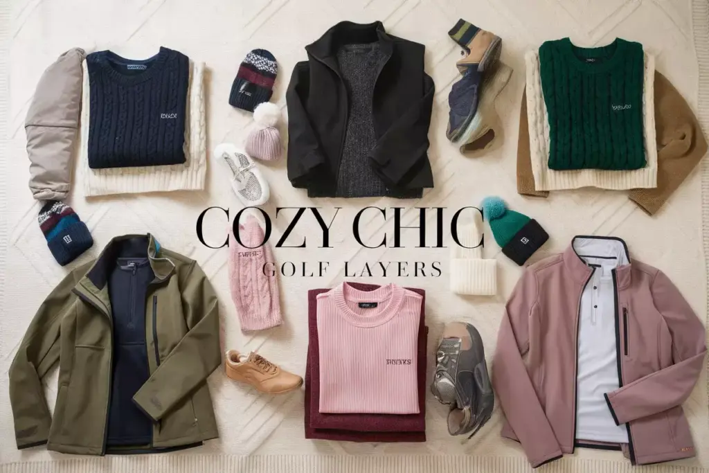 Cozy Chic Golf Winter Layering Six Outfit Flat Lay On Wool Blanket