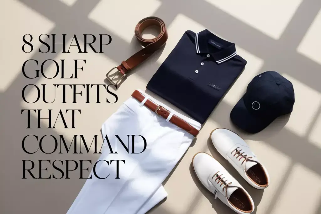 Eight Premium Golf Attire Items Flat Lay On Clean Background