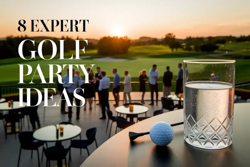 Elegant Evening Golf Cocktail Party On Patio With Sunset And Mingling Guests