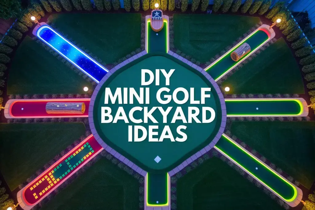 Family Backyard At Dusk Showcasing Six Thematic Diy Mini Golf Holes With Strategic Lighting And Players