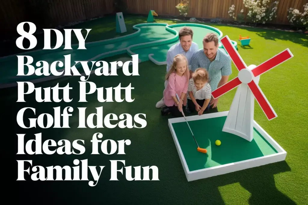 Family Building Diy Mini Golf Course With Windmill Obstacle On Sunny Backyard Afternoon