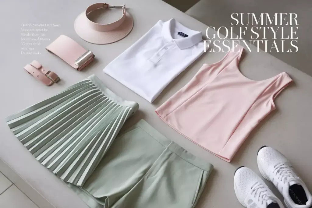 Flat Lay Curated Capsule Wardrobe Of Summer Golf Style Essentials