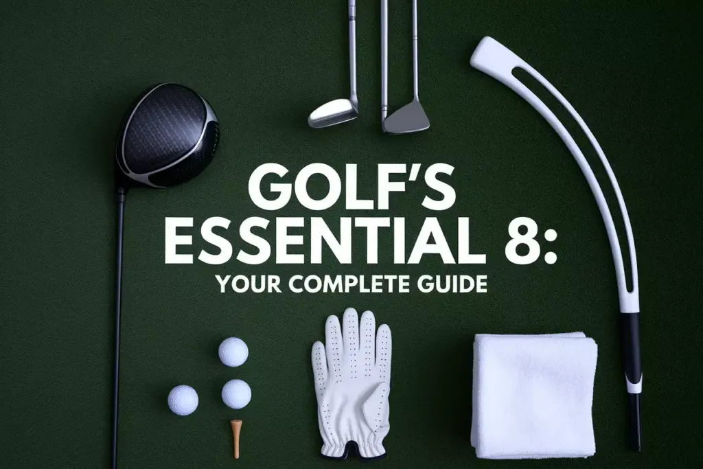 Golf Equipment Essentials Flat Lay On Green With Clubs And Accessories