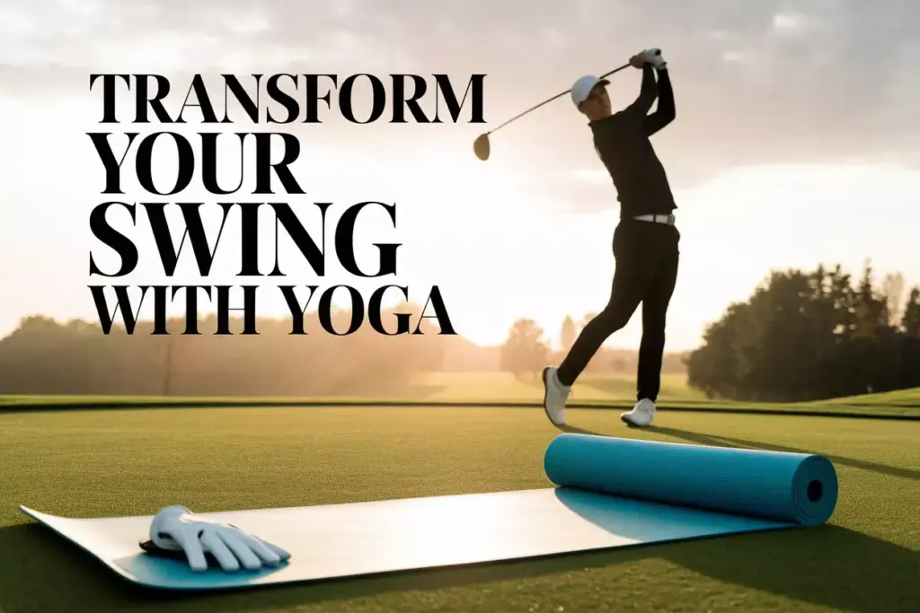 Golfer Mid Swing At Sunrise With Yoga Mat On Fairway Emphasizing Power Flexibility