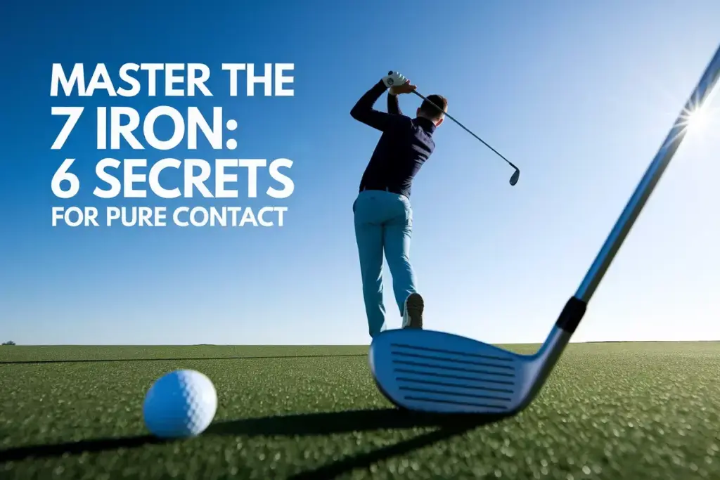 Golfer Perfect Backswing With 7 Iron On Sunlit Driving Range At Sunrise