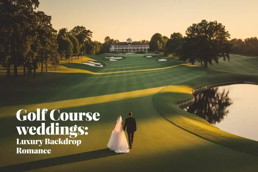 Luxury Golf Course Wedding Sunset Silhouette Couple On Fairway With Clubhouse And Water Reflection