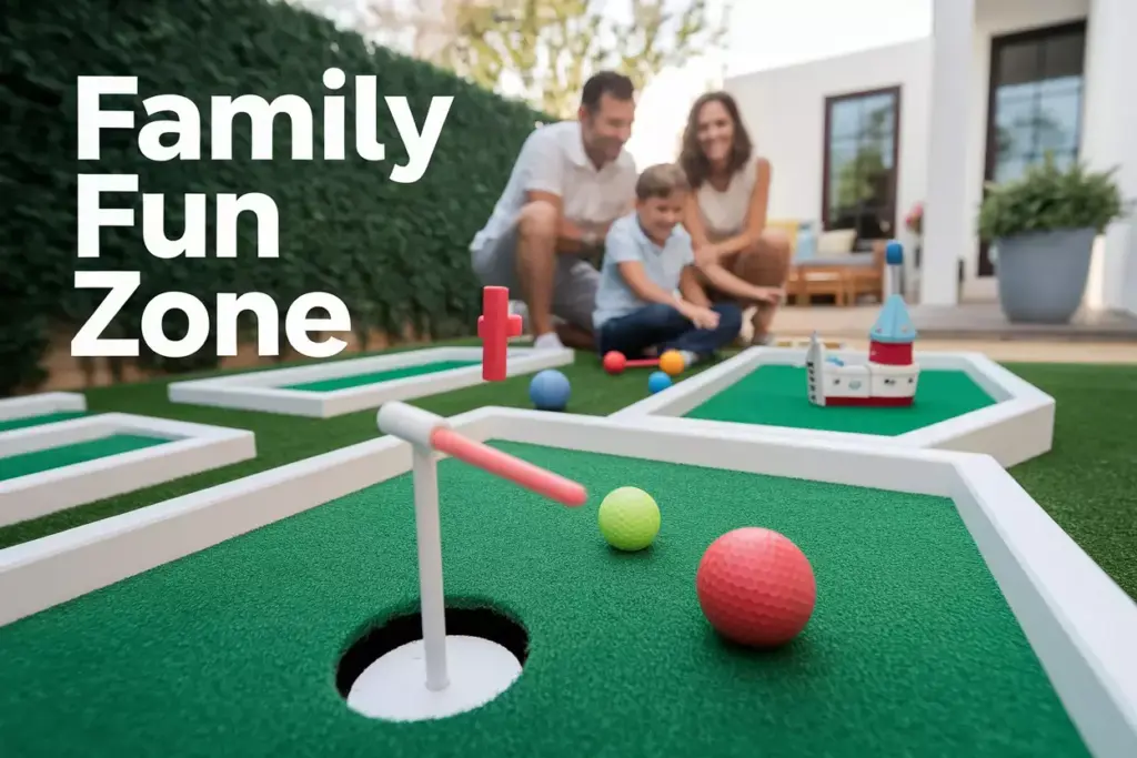 Modern Backyard With Colorful Windmill Mini Golf Course And Happy Family Playing On Sunny Afternoon
