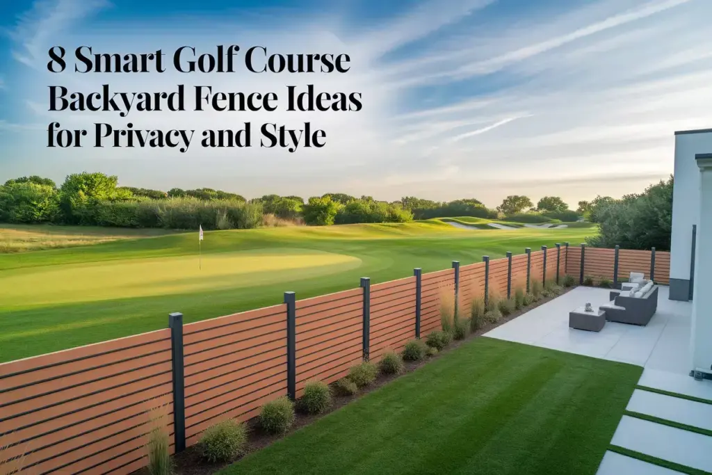 Modern Backyard With Horizontal Fence Adjacent To Green Golf Course Fairway Drone View