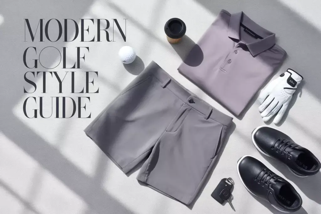 Modern Golf Shorts Lifestyle Flat Lay With Accessories On Concrete