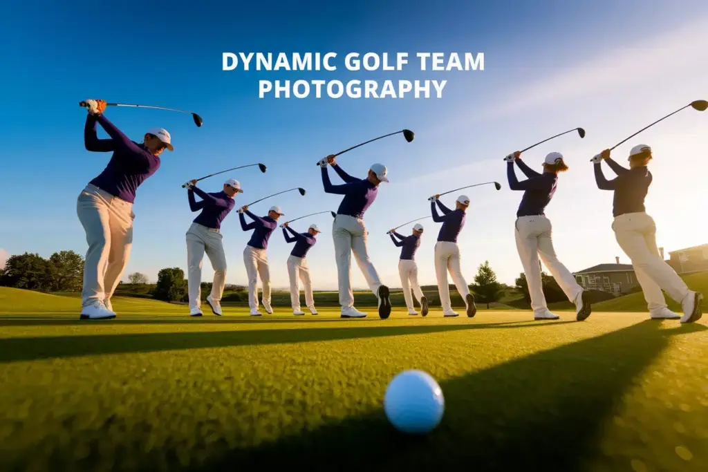 Modern Golf Team Practice Action Swing Golden Hour Fairway Wide Angle Shot