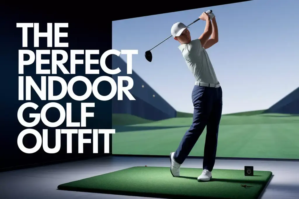 Modern Golfer In Indoor Simulator Wearing Performance Polo Pants Shoes With Tech Background