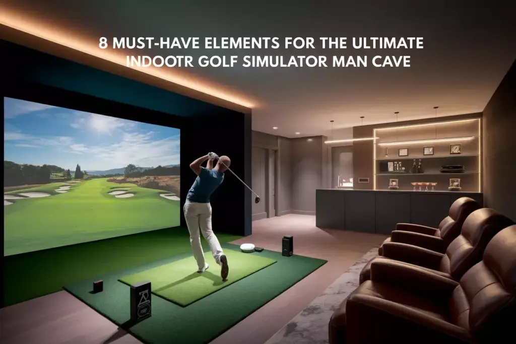 Modern Luxury Basement Man Cave With Golfer Swinging At Hd Simulator Screen And Premium Seating