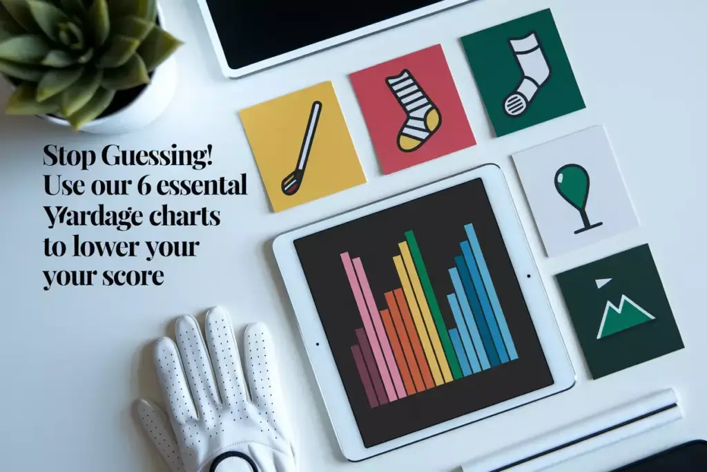Modern Tablet Displaying Golf Yardage Chart Surrounded By Six Minimalist Strategy Icons On Clean Surface