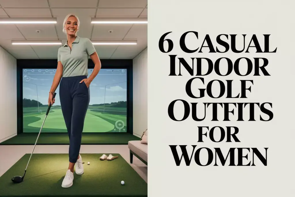 Modern Woman Smiling In Athleisure Golf Outfit Inside Clean Indoor Simulator Facility With Text Space