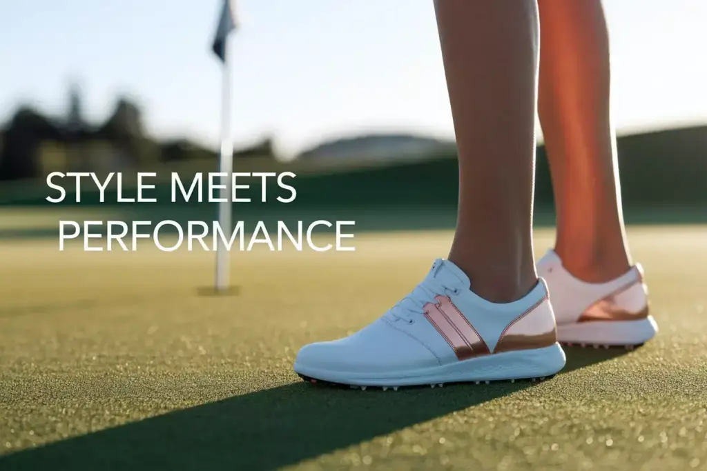 Modern Womens White Golf Shoes On Sunlit Fairway With Style Text Overlay