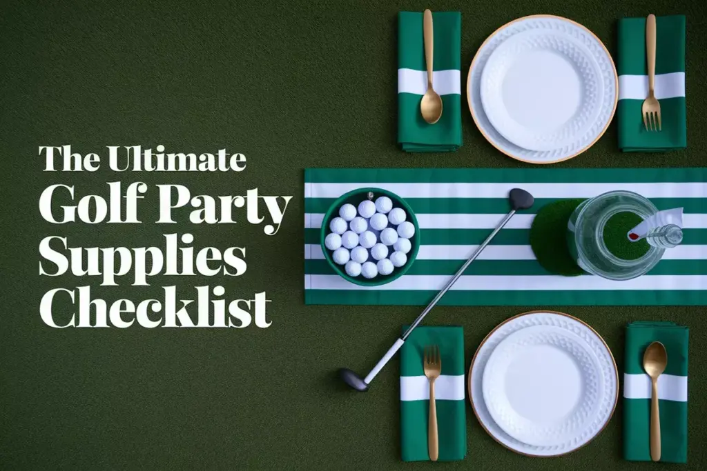 Outdoor Golf Party Elegant Table Setting Flat Lay With Golf Balls Putter And Green White Decor