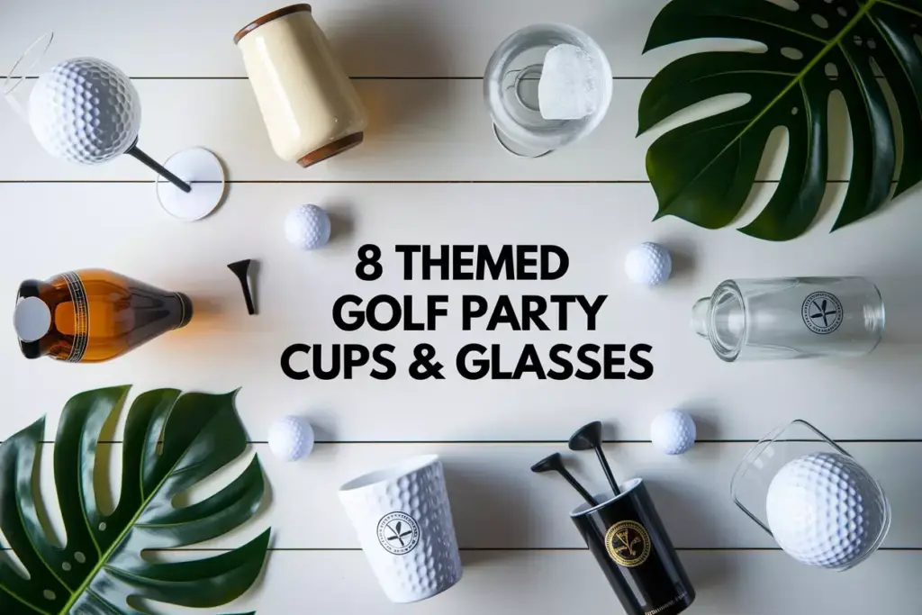 Overhead Flat Lay Eight Themed Golf Party Drinkware Collection On Wooden Surface