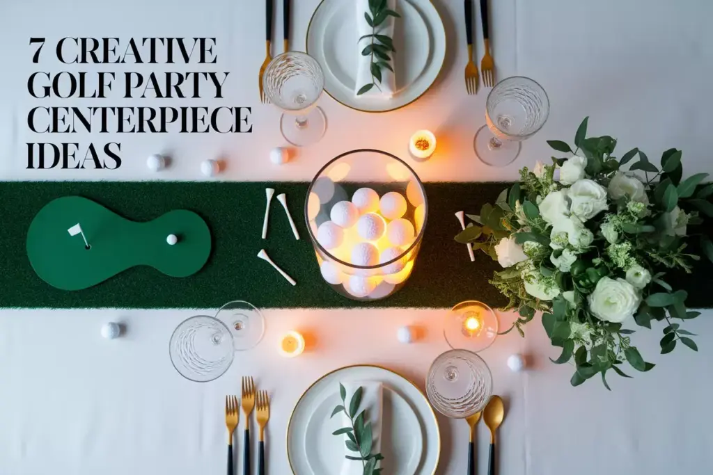 Overhead Lay Of Elegant Golf Party Centerpieces On Dining Table Showcasing Mini Course Led Balls Floral Arrangements