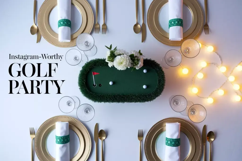 Overhead View Elegant Golf Party Table With Miniature Putting Green Centerpiece And Gold Accent Decor