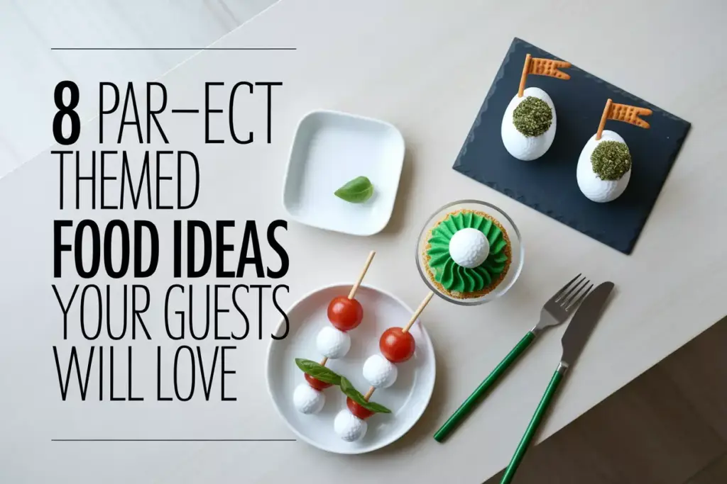 Overhead View Elegant Golf Themed Food Spread On Wood Table With Caprese Skewers Deviled Eggs Dessert Cup