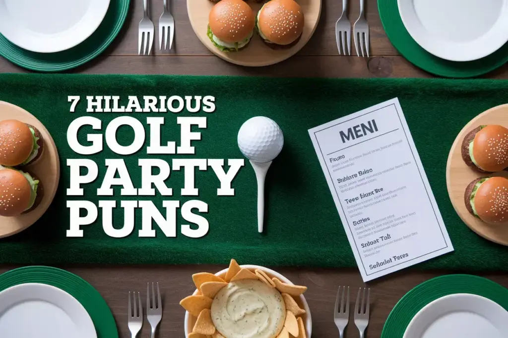 Overhead View Golf Themed Appetizers On Green Tablecloth With Menu Card