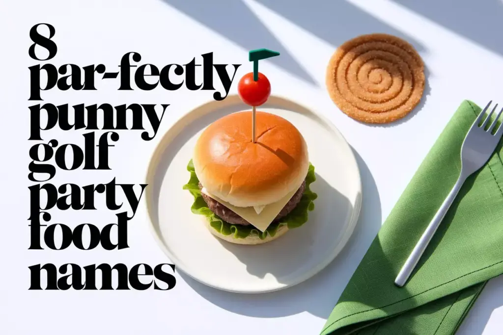 Overhead View Of A Golf Themed Slider On A White Plate With A Cherry Tomato Ball And Tee On A Clean Modern Table