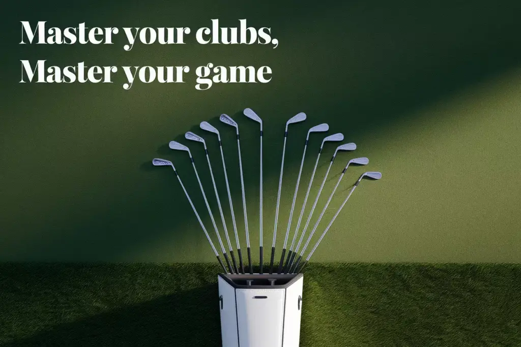 Overhead View Of Eight Organized Golf Clubs On Manicured Putting Green