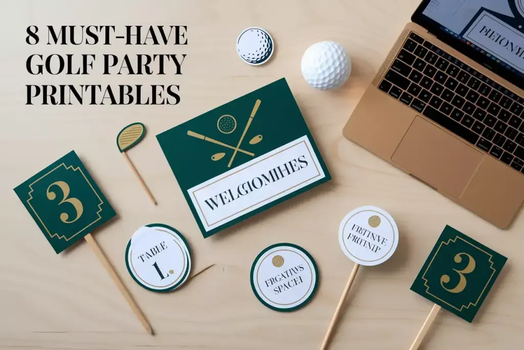 Overhead View Of Elegant Golf Party Printables On Wood Table With Laptop