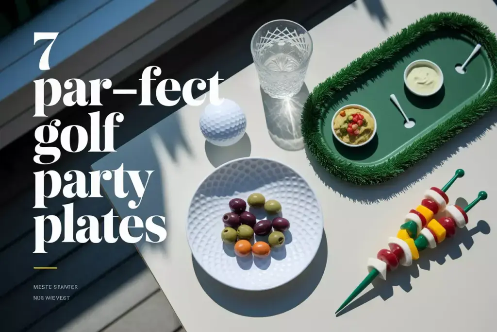 Overhead View Of Golf Themed Party Plates On Patio Table With Golden Hour Lighting