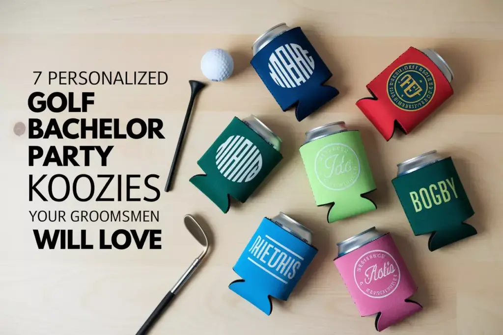 Personalized Golf Bachelor Party Koozies Seven Designs Displayed On Wooden Table