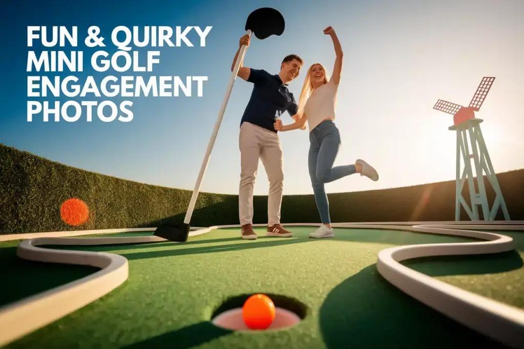Playful Couple Celebrating Hole In One At Sunset On Vibrant Mini Golf Course
